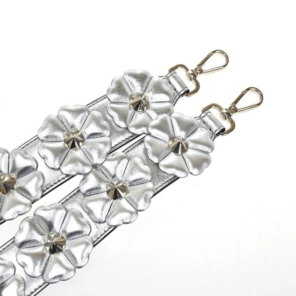 FENDI Logo Bag Shoulder Strap Flower Studs Leather Silver SHW Italy 30YH452 - Picture 1 of 7